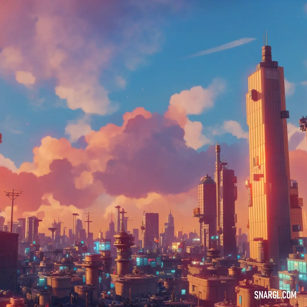 City with a lot of tall buildings and a sky background with clouds in the sky and a red
