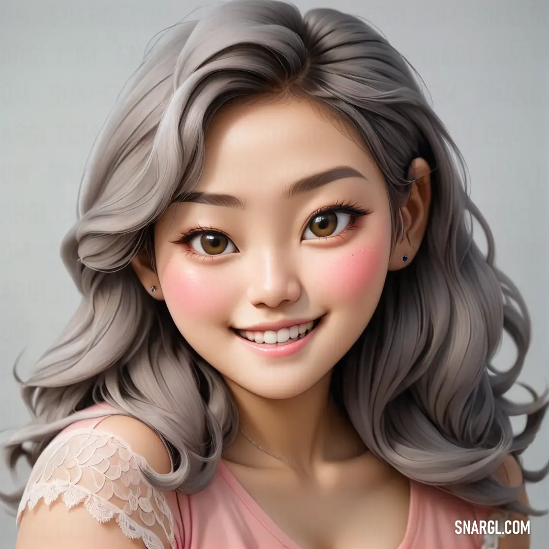 Old rose color example: Digital painting of a woman with grey hair and a pink top on her shoulder and a smile on her face