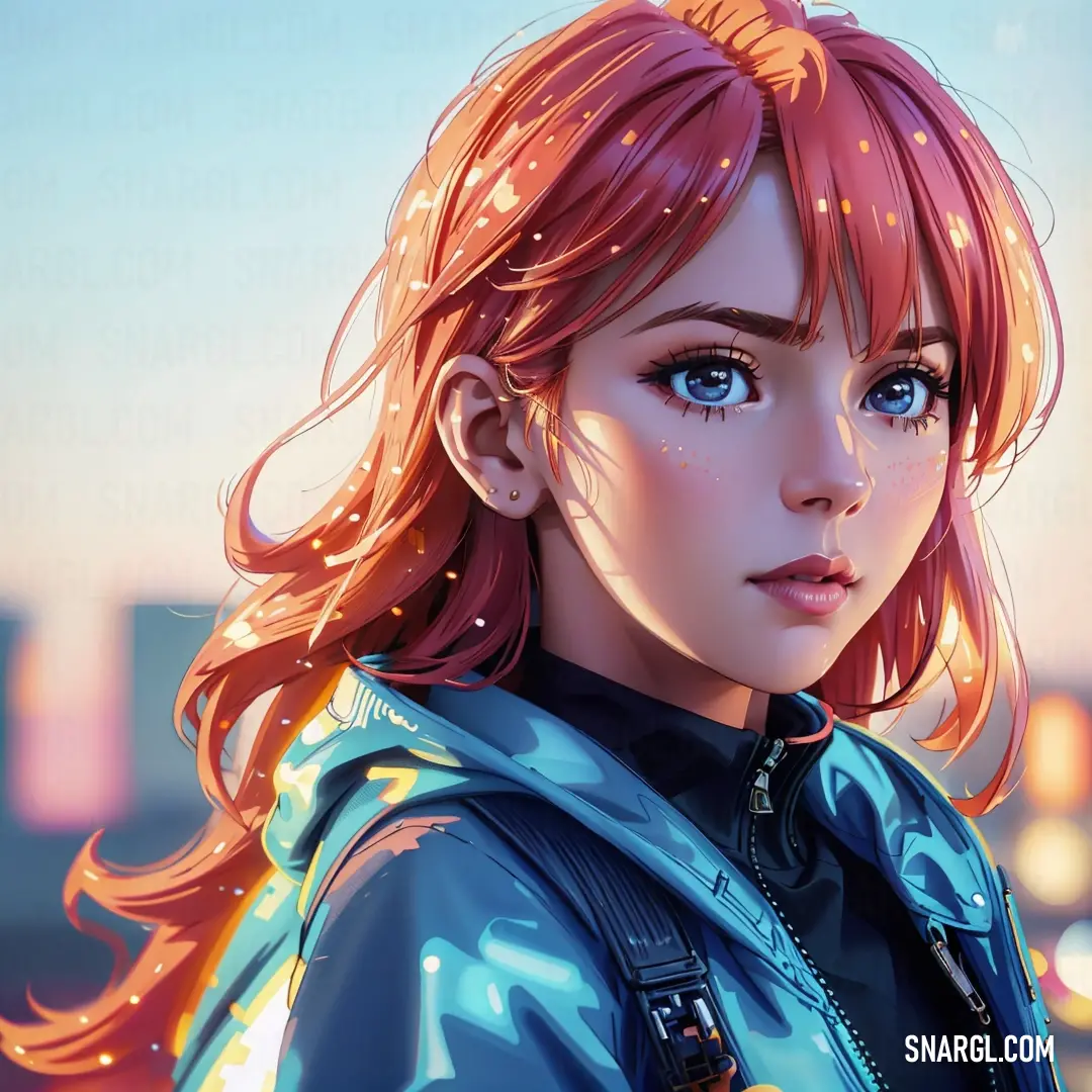 Girl with pink hair and blue eyes looks into the distance with a city in the background. Example of RGB 192,128,129 color.