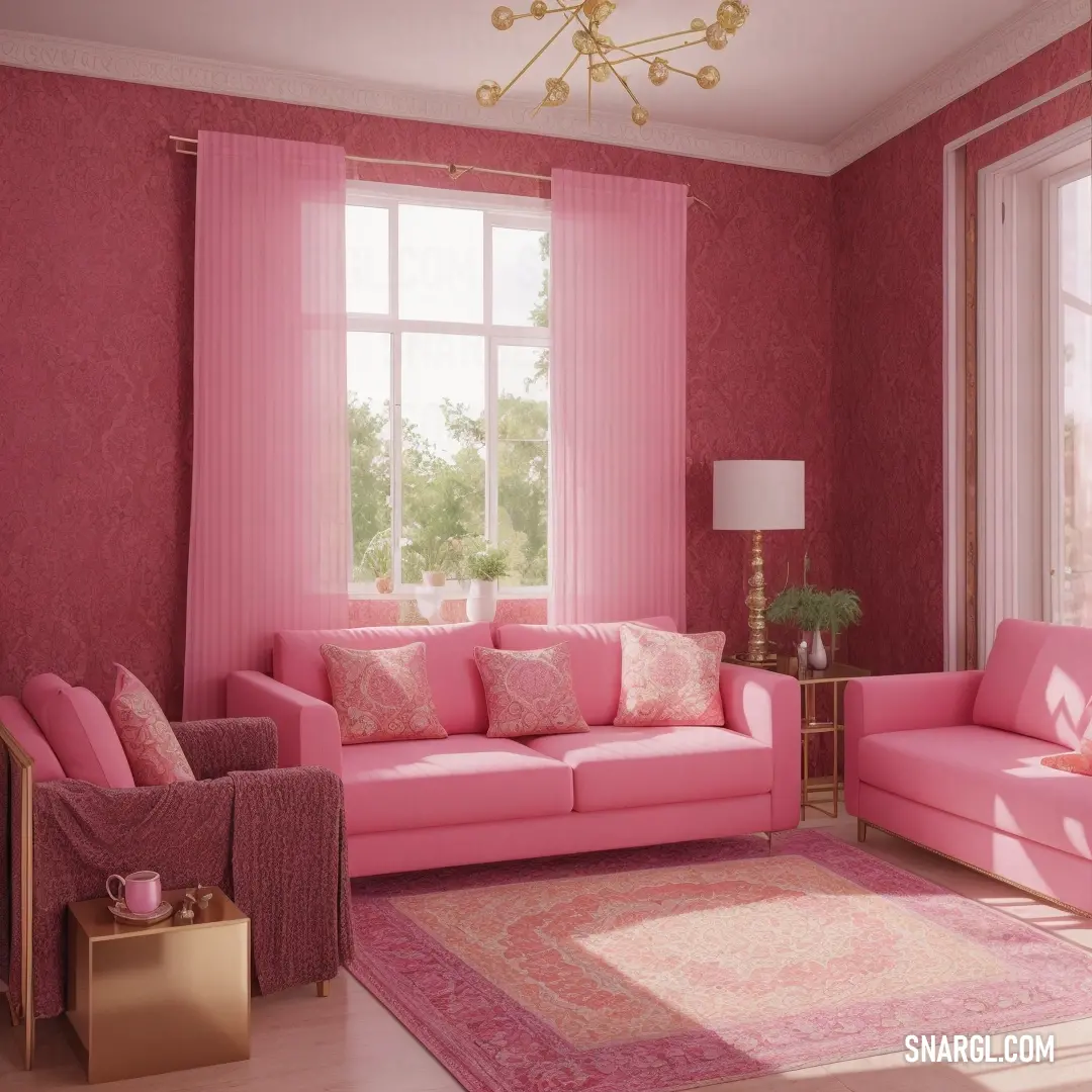 Living room with pink furniture and a chandelier hanging from the ceiling and a pink rug on the floor