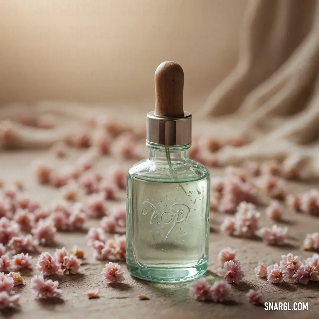 An elegantly adorned bottle of perfume, surrounded by a delicate arrangement of flowers on a polished table, reflects an enchanting atmosphere enhanced by its wooden topper. The old rose hue creates a soft, inviting ambiance.