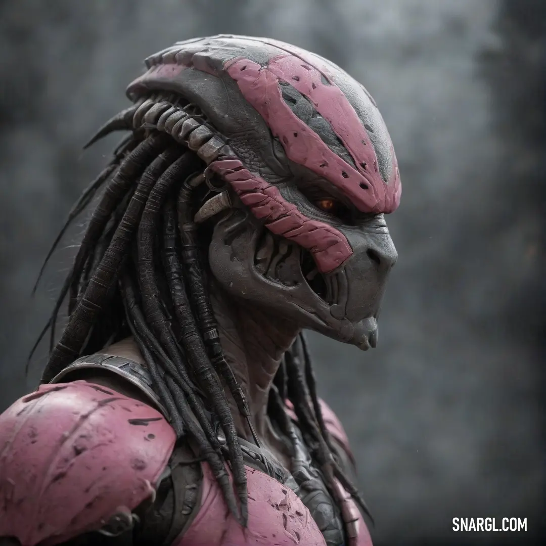 A close-up of a striking predator figure, its red face contrasting with dark, flowing hair. The color #C08081 enhances the creature’s fierce, detailed features.