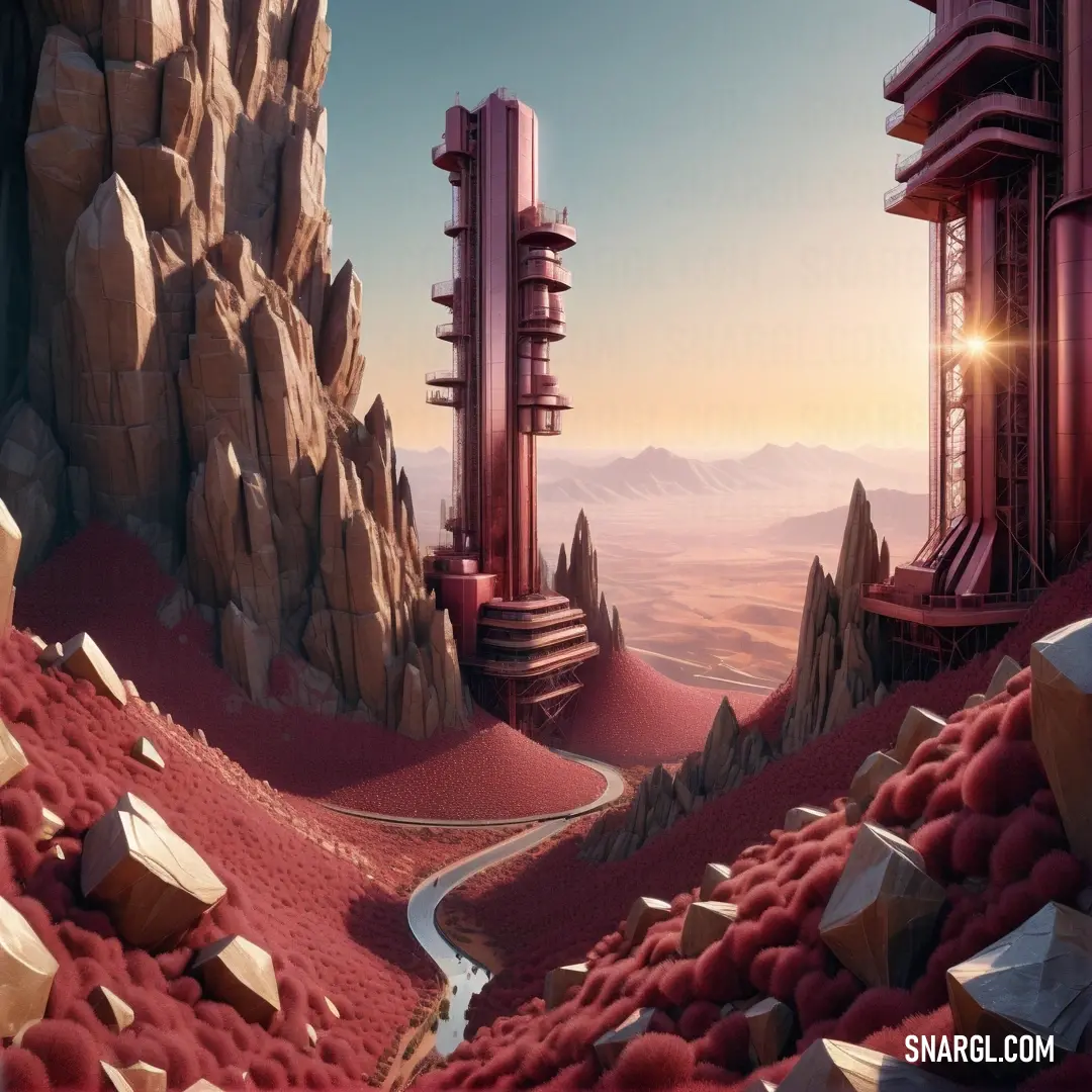 Old rose color. Futuristic landscape with a train going through the mountains and rocks on the ground