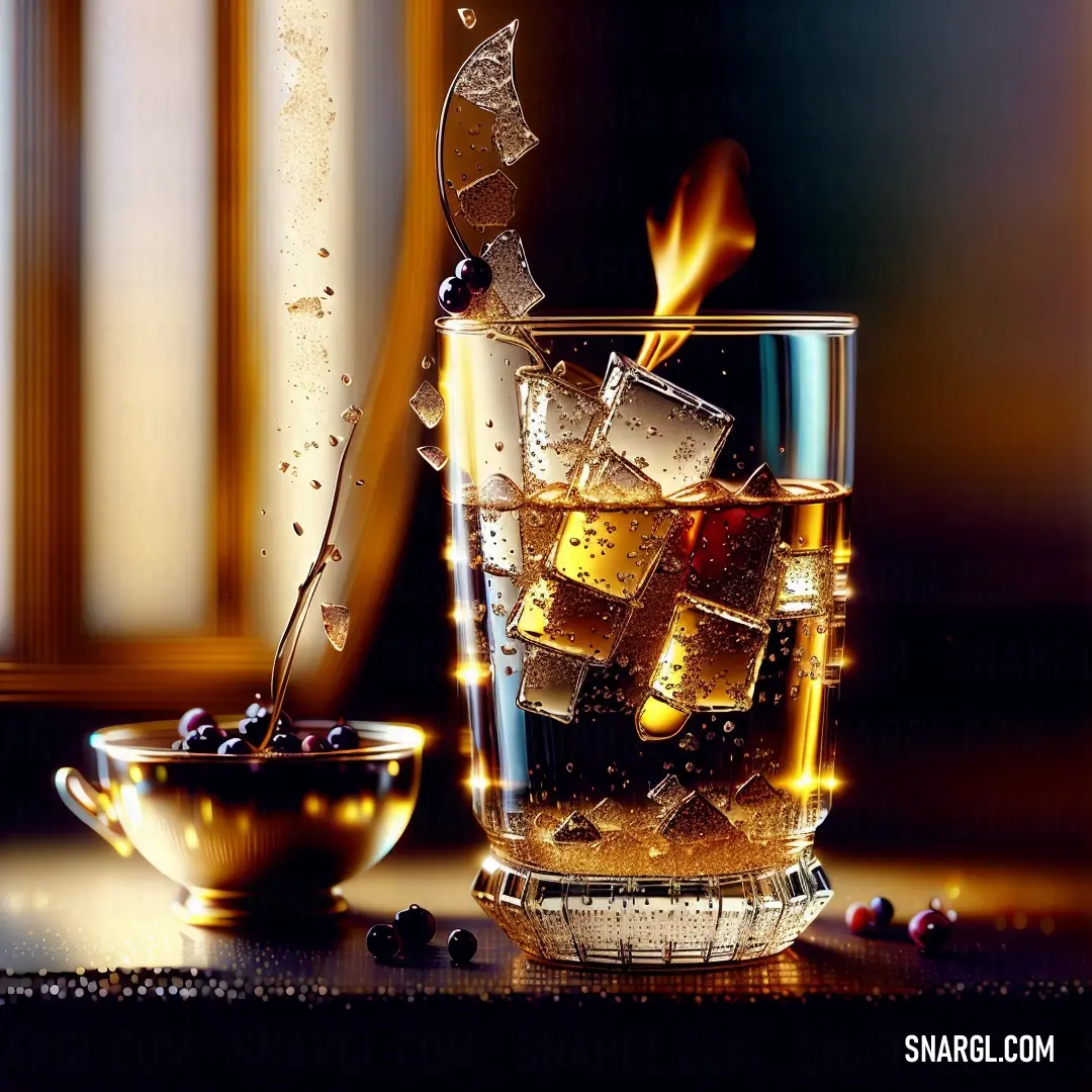 A glass filled with ice cubes next to a bowl of ice resting on a table. In the background, a window lets in natural light, illuminating the refreshing scene. The cool hues of the ice contrast with the warm light streaming through the glass.