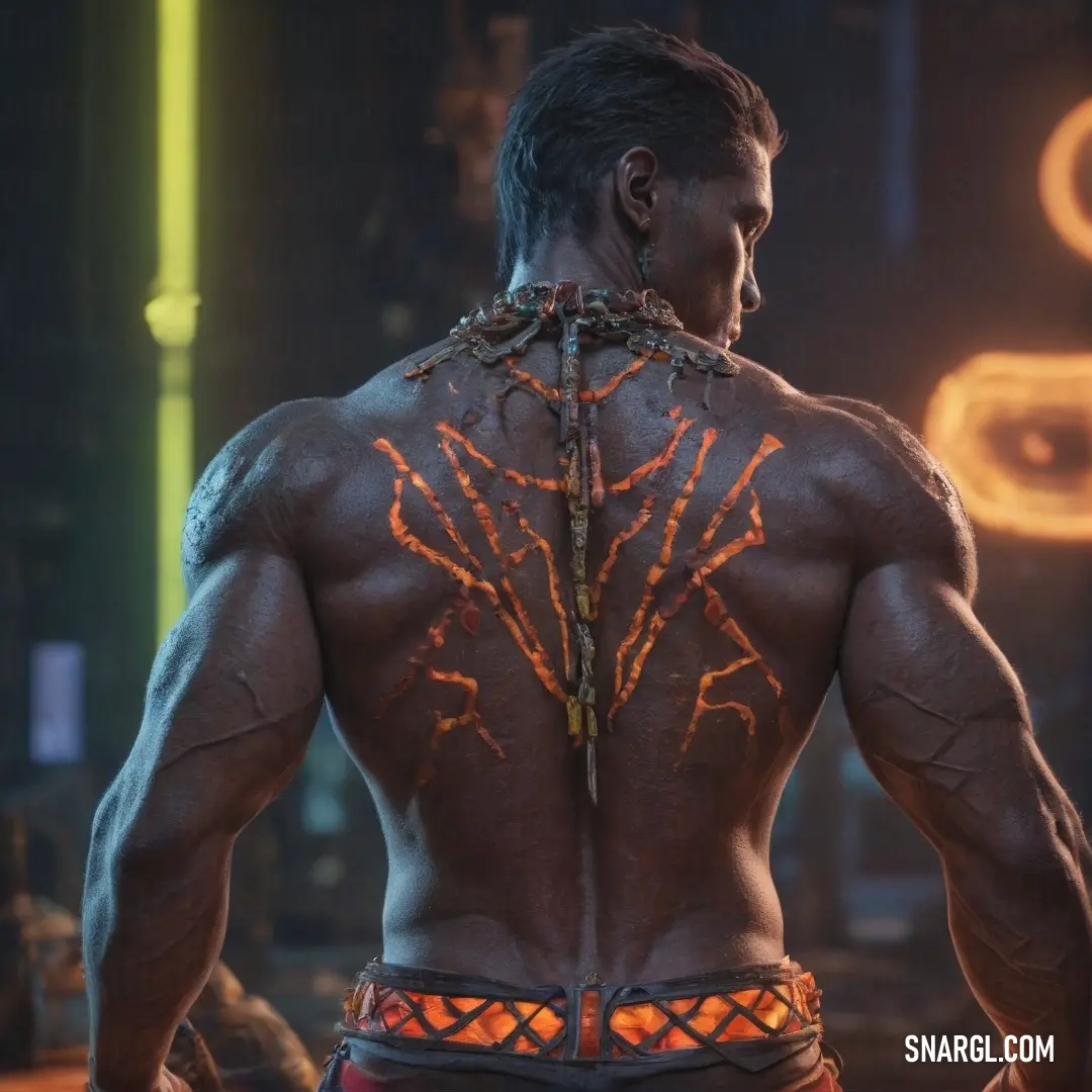 A man with intricate tattoos across his back, wearing a chain necklace and a shoulder adornment. The rich CMYK color blend of 0,33,33,25 adds depth to the scene.