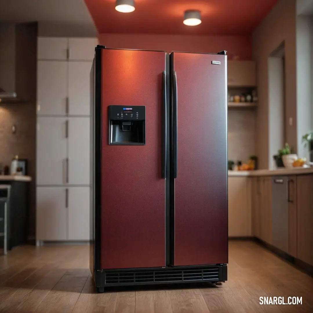 A striking red refrigerator with a sleek black door stands out in a stylish kitchen, illuminated by a bold red ceiling light. The warm wooden floor underfoot adds a cozy touch, enhancing the vibrant atmosphere of this inviting culinary space.