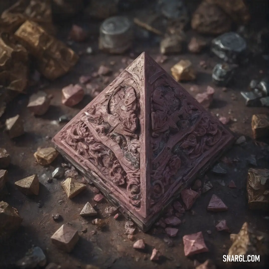 A soft and muted image of a triangle-shaped object surrounded by a variety of rocks, set against an old rose-colored backdrop. The colors of the scene evoke a sense of calm and quiet contemplation.