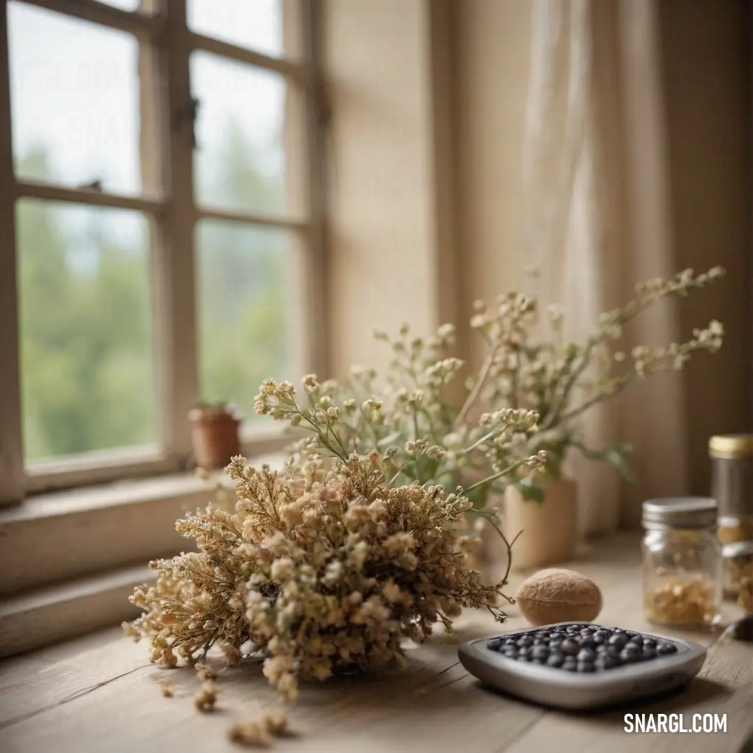 A beautifully arranged vase holds a vibrant bouquet, positioned atop a table alongside a sleek calculator. Behind it lies a serene window offering a glimpse of the peaceful outside world, painted in the soothing shade of #C08081.