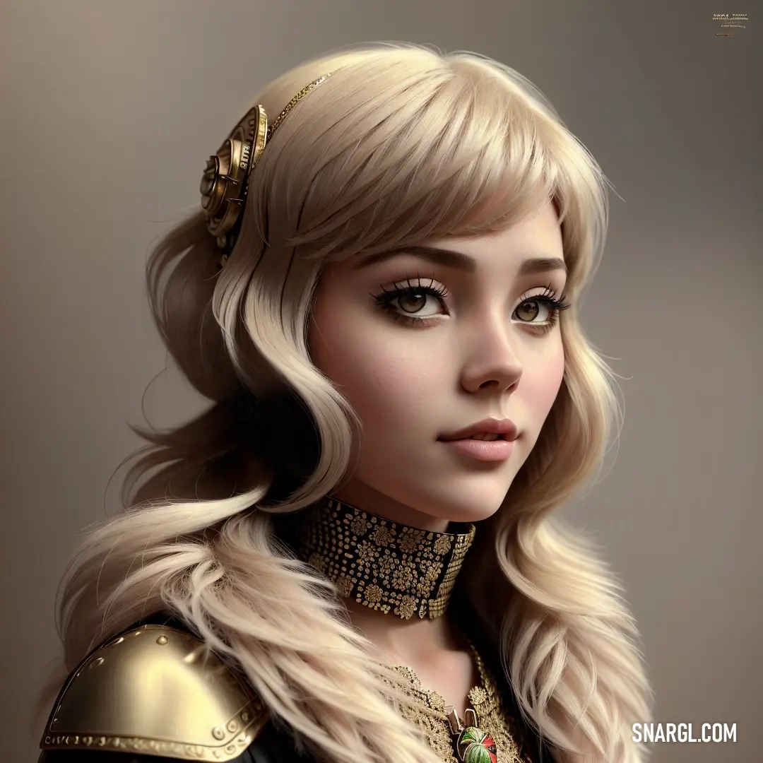 A woman with blonde hair stands in a beautiful gold dress and matching headpiece, a gold chain adorning her neck. Her elegance and the soft golden hues surrounding her create a regal and timeless look.