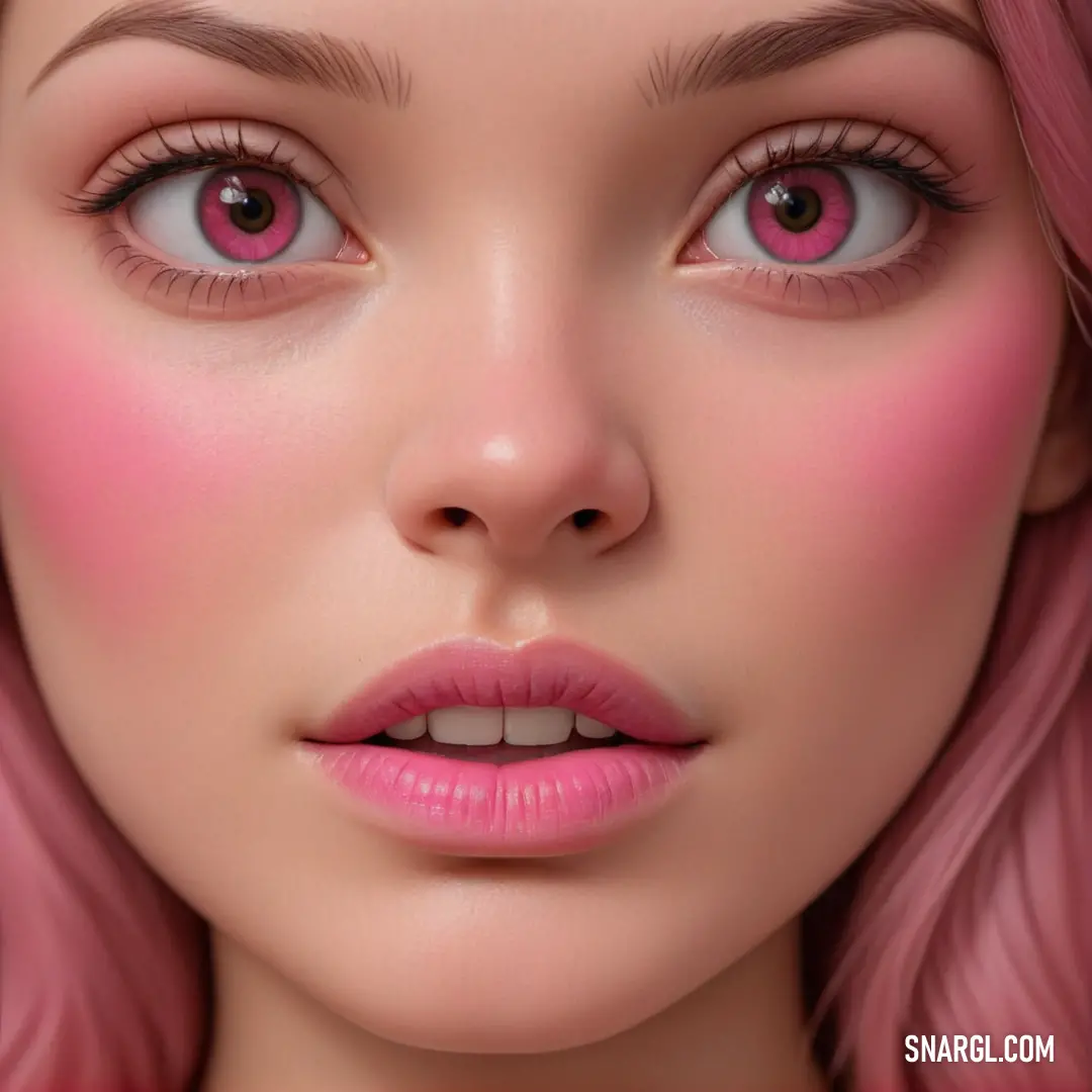 Woman with pink hair and pink eyes with pink lipstick on her lips. Example of RGB 192,128,129 color.