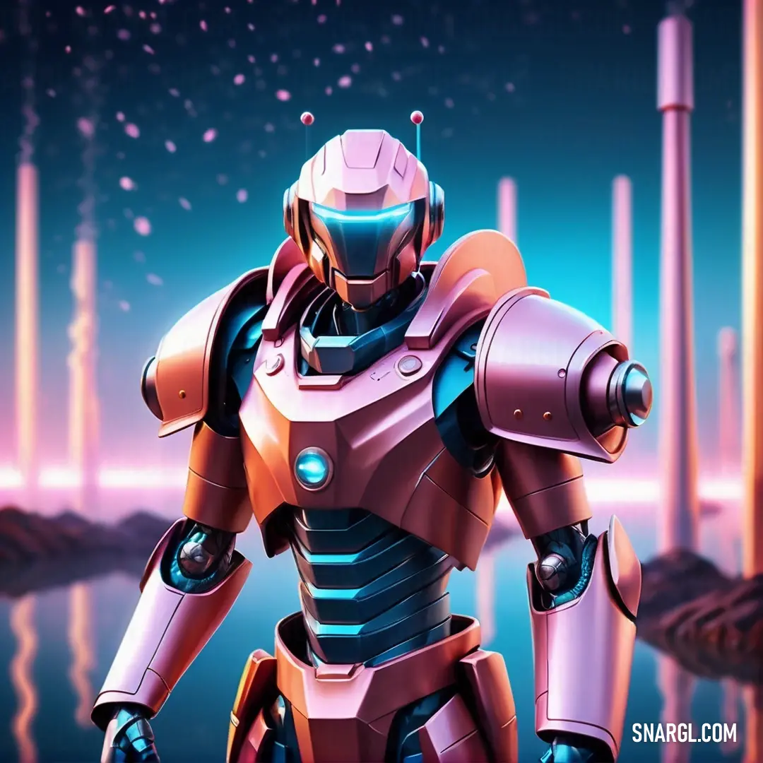 Old rose color. Robot standing in front of a city skyline with a pink and blue background