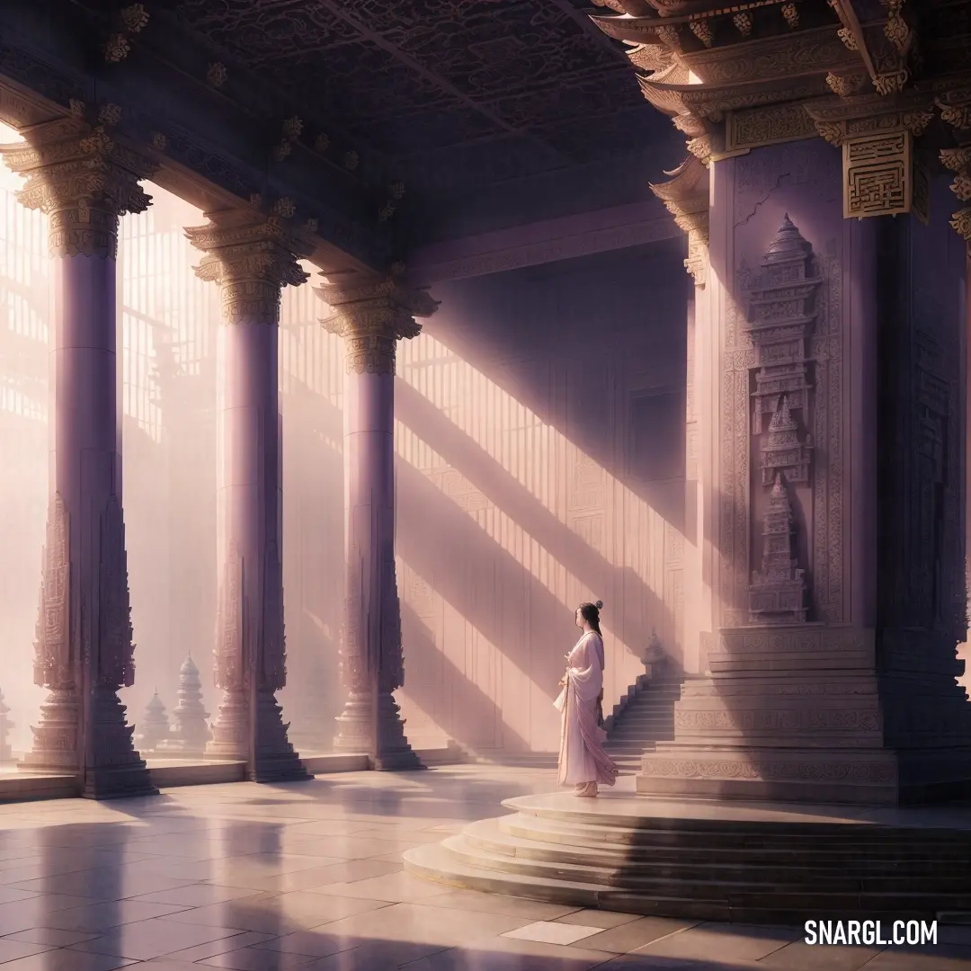 Woman in a white dress standing in a room with columns and pillars on either side of her face
