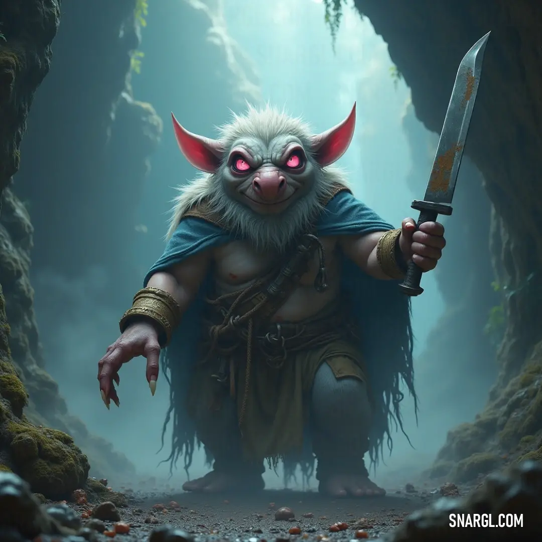 A vigilant figure, Old Whitey, brandishing a sword in a mysterious cave lit by intense red eyes, speaks of bravery and ancient tales. Old Whitey, a rugged figure wielding a sword, stands watchful in a dim cave illuminated by glowing red eyes. His fierce presence and the eerie surroundings create an enthralling image that hints at untold sagas of bravery, guardianship, and the enigmatic