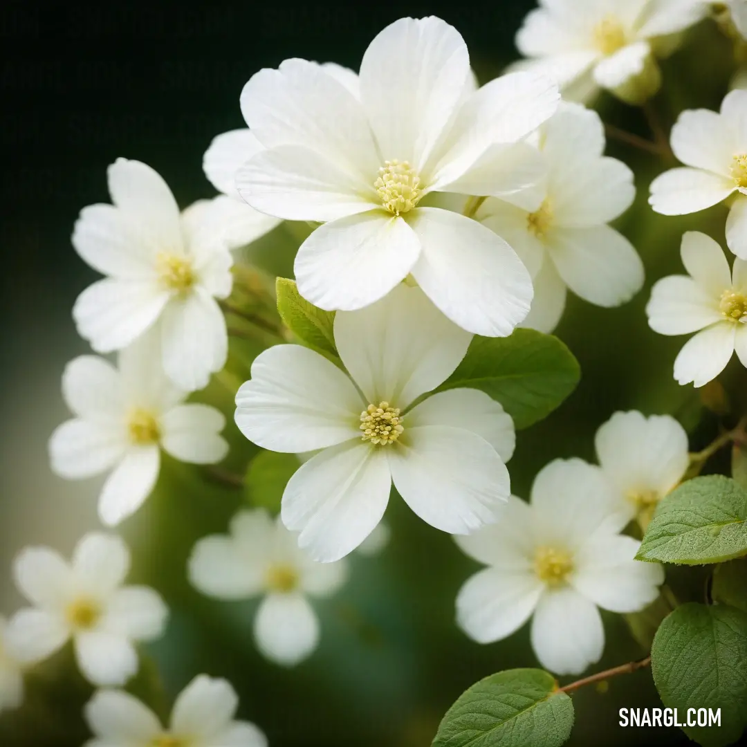 Bunch of white flowers with green leaves on them and a black background with a green border around them. Color RGB 107,142,35.