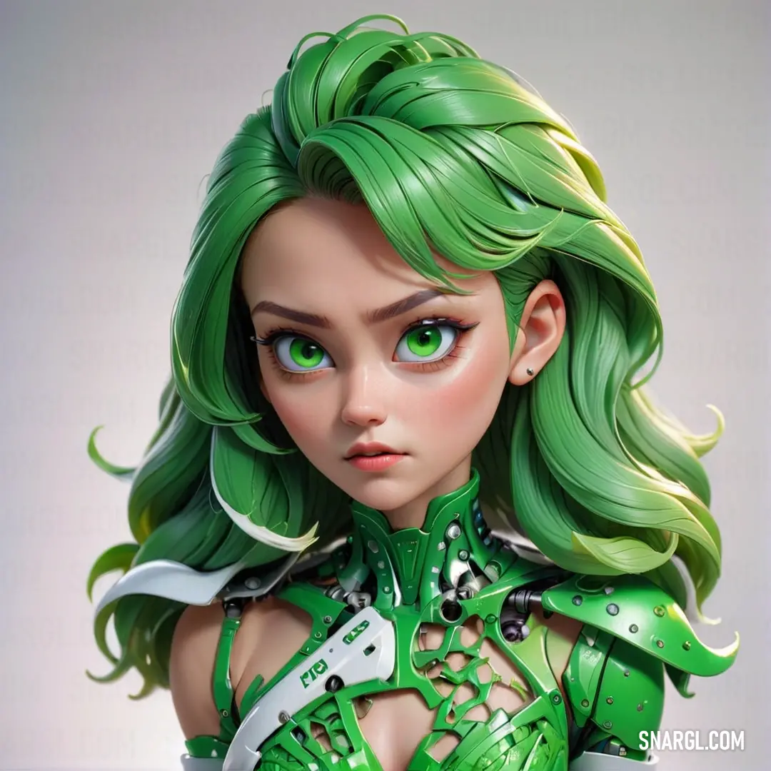 Close up of a doll with green hair and green eyes and a green outfit with white trim and a knife