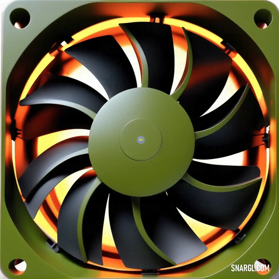 Computer fan with a green and black design on it's side and a yellow. Color RGB 107,142,35.