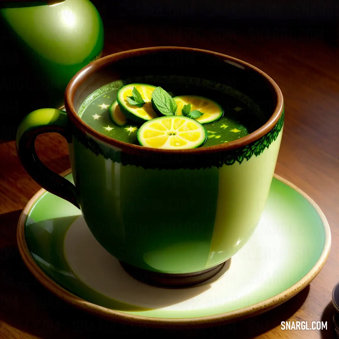 Cup of green tea with lemon slices and mint leaves on a saucer on a wooden table