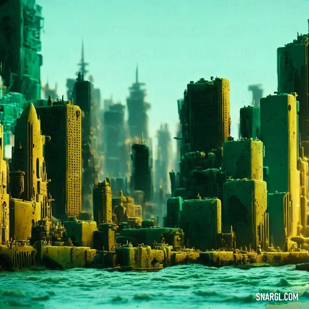 Futuristic city with a lot of yellow buildings and water in front of it and a blue sky in the background