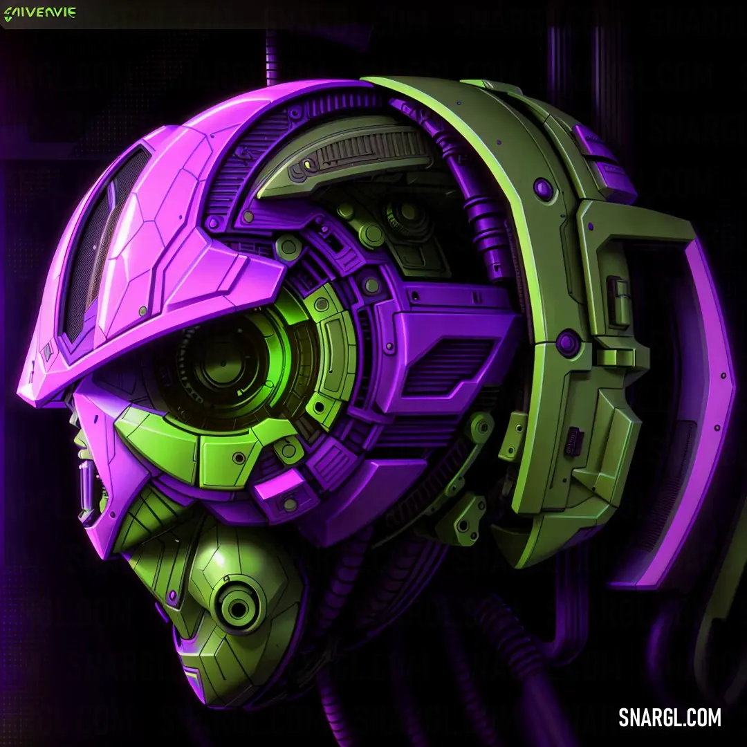 Futuristic looking purple and green robot head with a purple background and a black background with a purple and green robot head