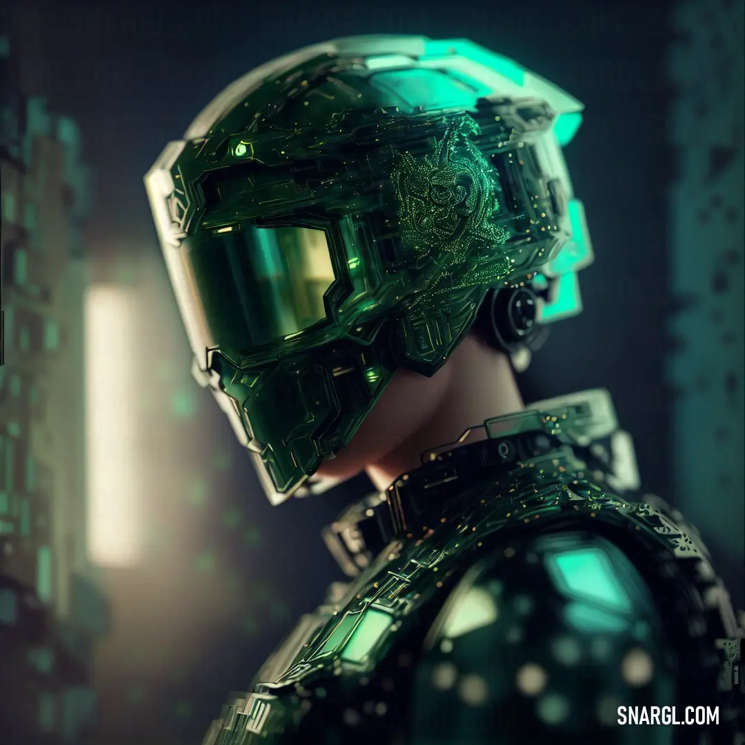 Futuristic man with a green helmet and goggles on his head and a building in the background with lights