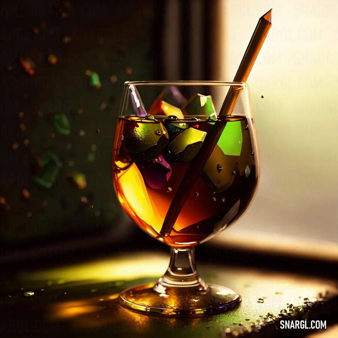 Glass of liquid with a wooden spoon in it and a window behind it with a green and yellow background