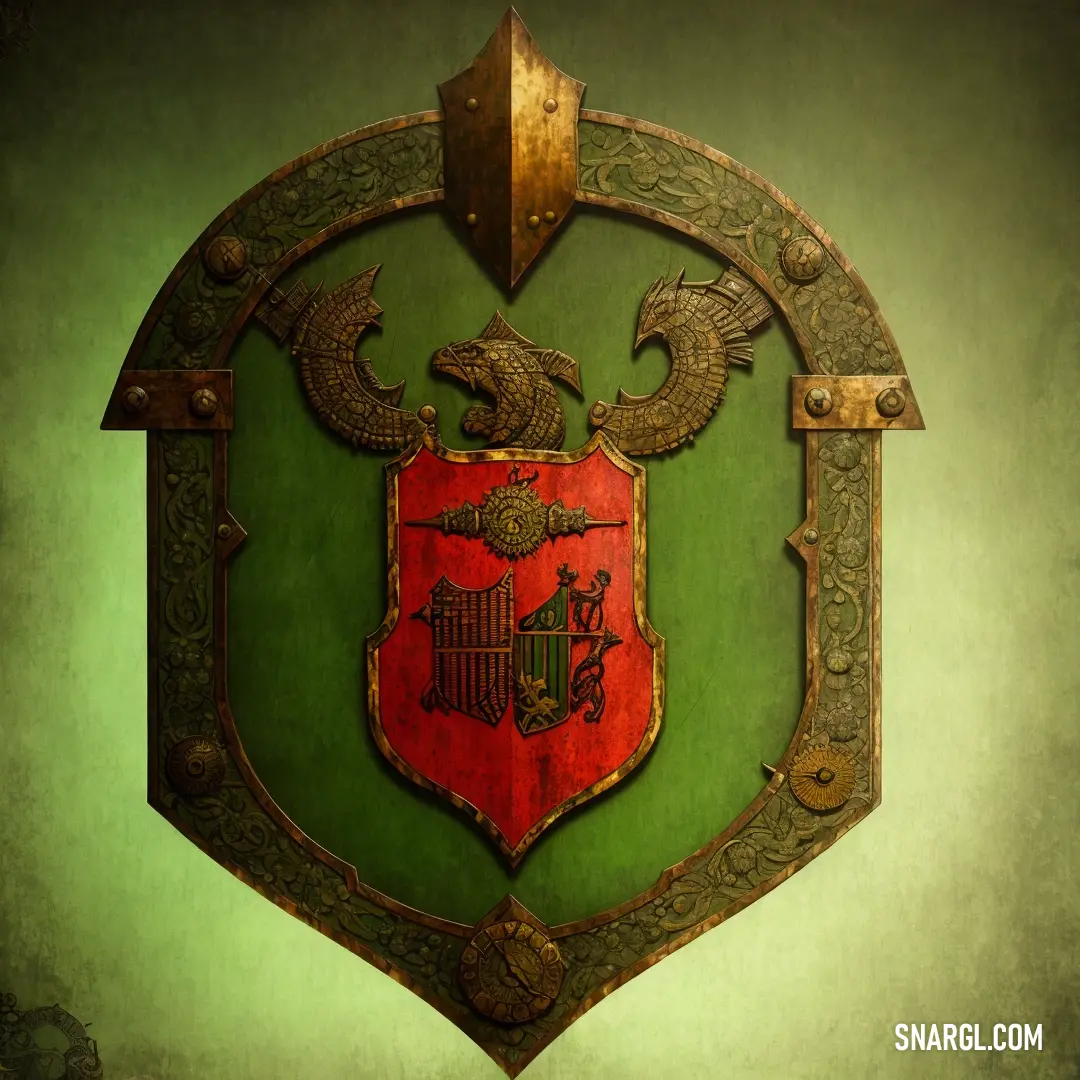 Olive Drab color. Green and red shield with a dragon on it's side and a shield
