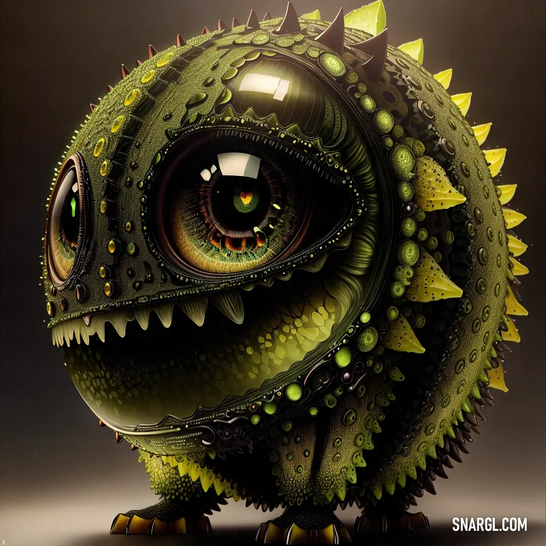 Green and yellow dragon with spikes on its head and eyes
