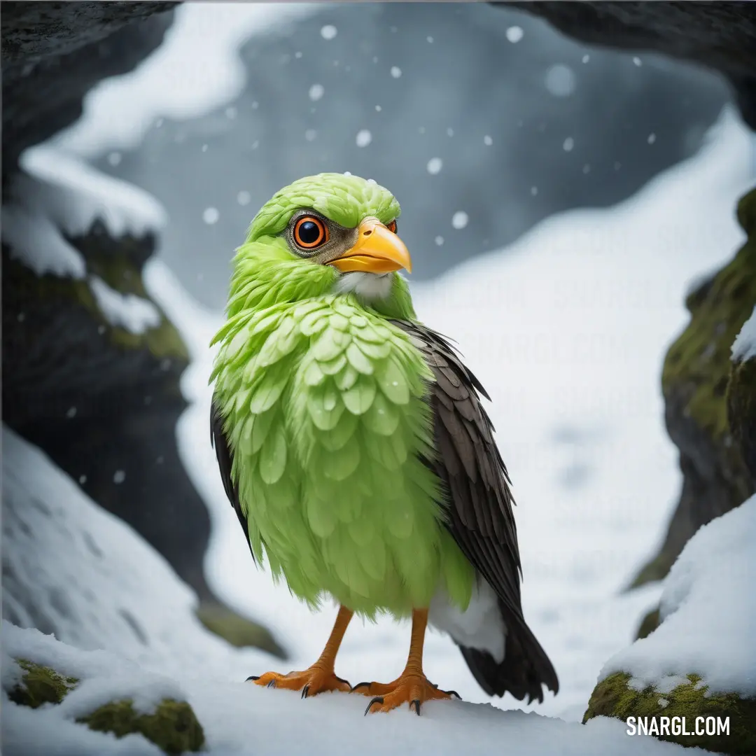 Green bird with a black beak standing on a snowy surface with rocks and snow flakes in the background. Color Olive Drab.