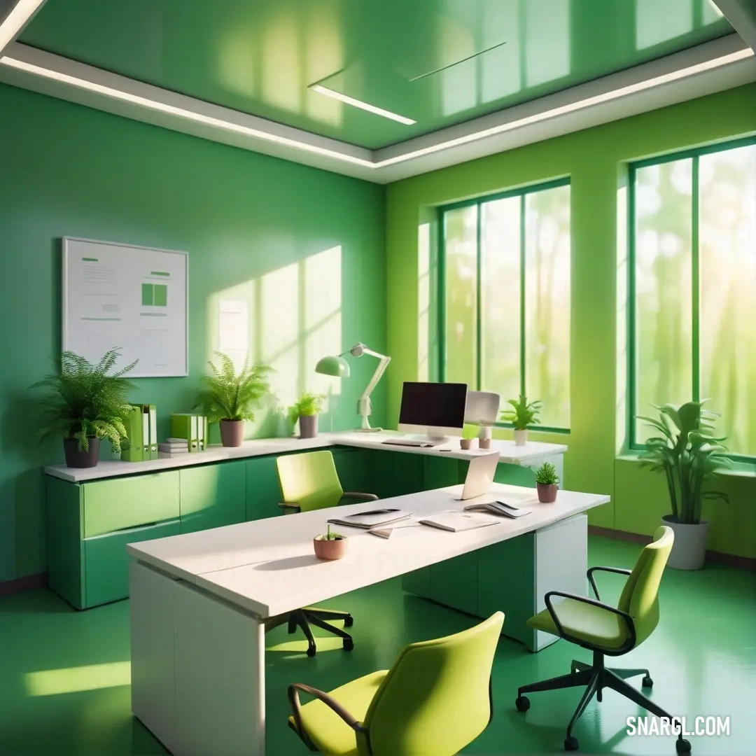 Green office with a desk and chairs and a computer monitor on a desk with a keyboard and mouse. Color RGB 107,142,35.