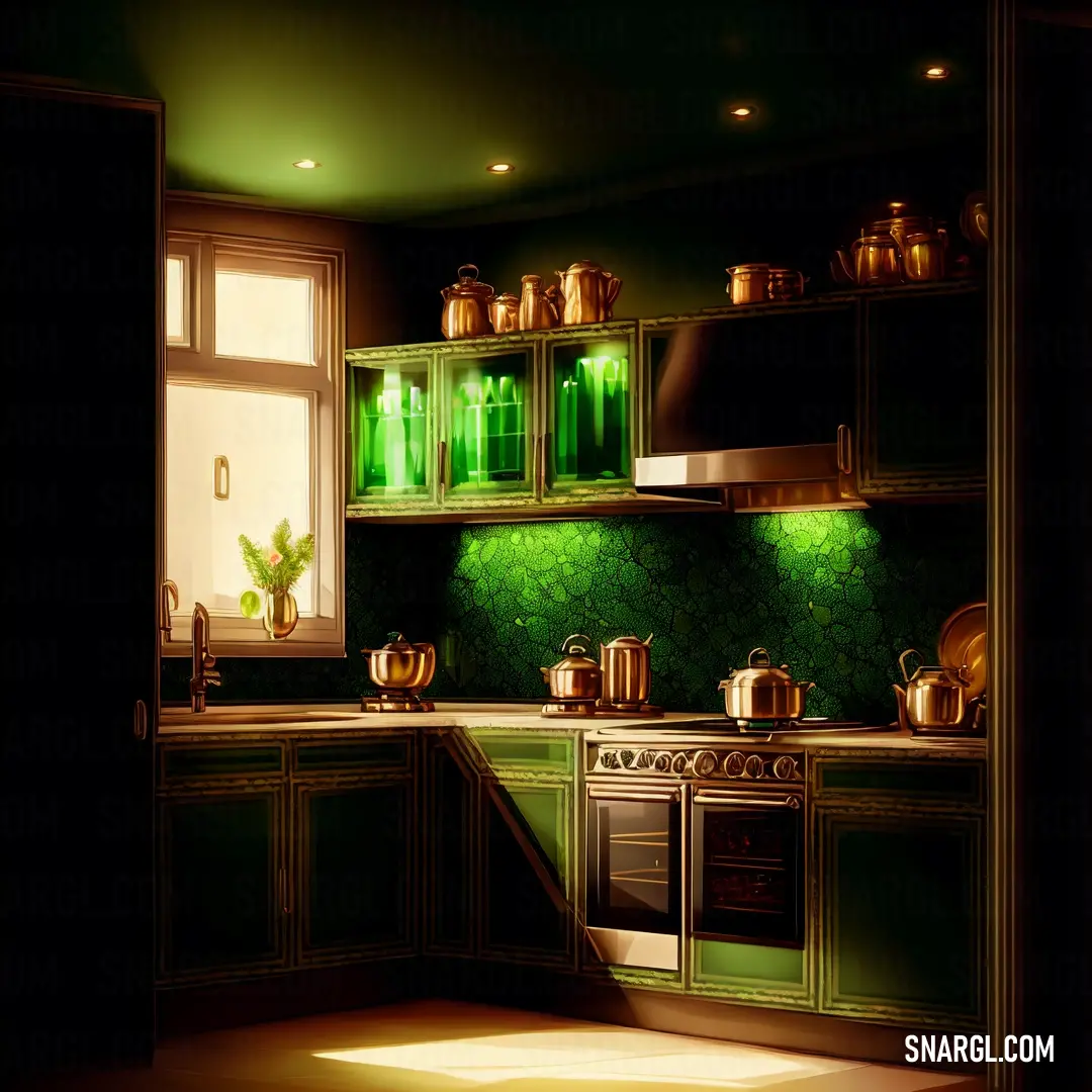 Kitchen with green walls and a stove top oven and cabinets with green lights on them and a window. Color RGB 107,142,35.