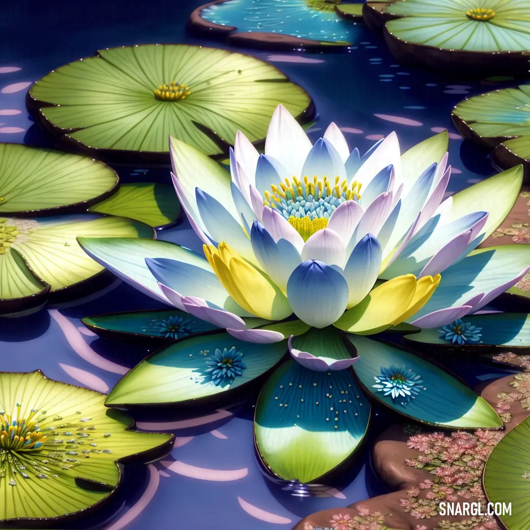 Large white and blue flower on top of a pond of water lilies and lily pads on a sunny day
