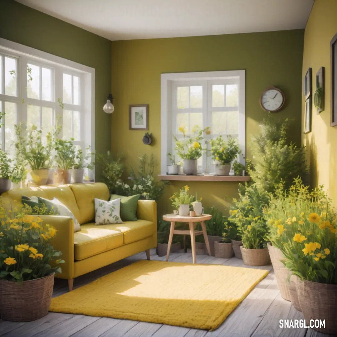 Living room with a yellow couch and a yellow rug on the floor and a yellow rug on the floor. Color RGB 107,142,35.