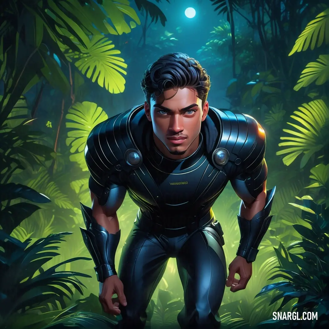 Man in a suit in a jungle with a flashlight in his hand