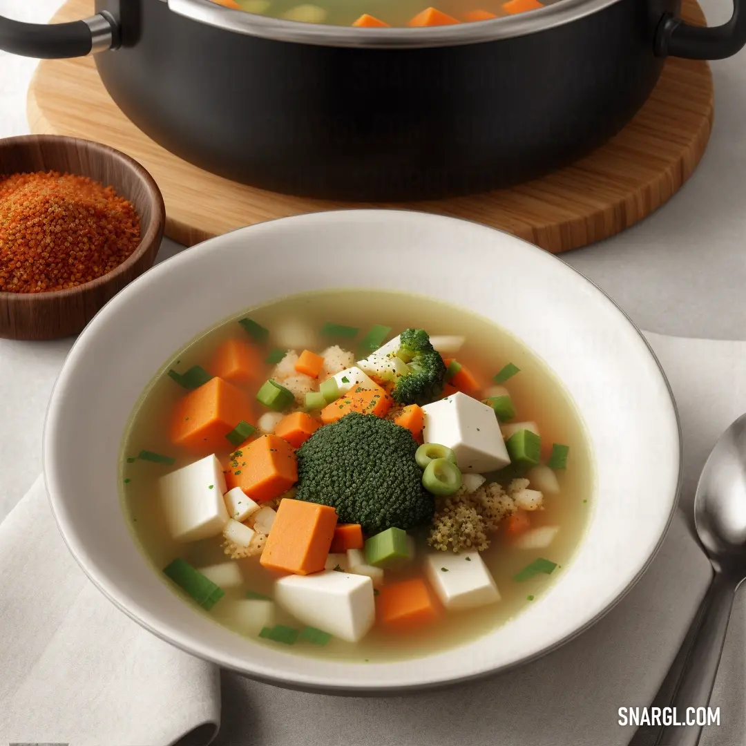 Bowl of soup with vegetables and tofu on a table with a spoon and a wooden spoon on the side. Color Olive Drab.