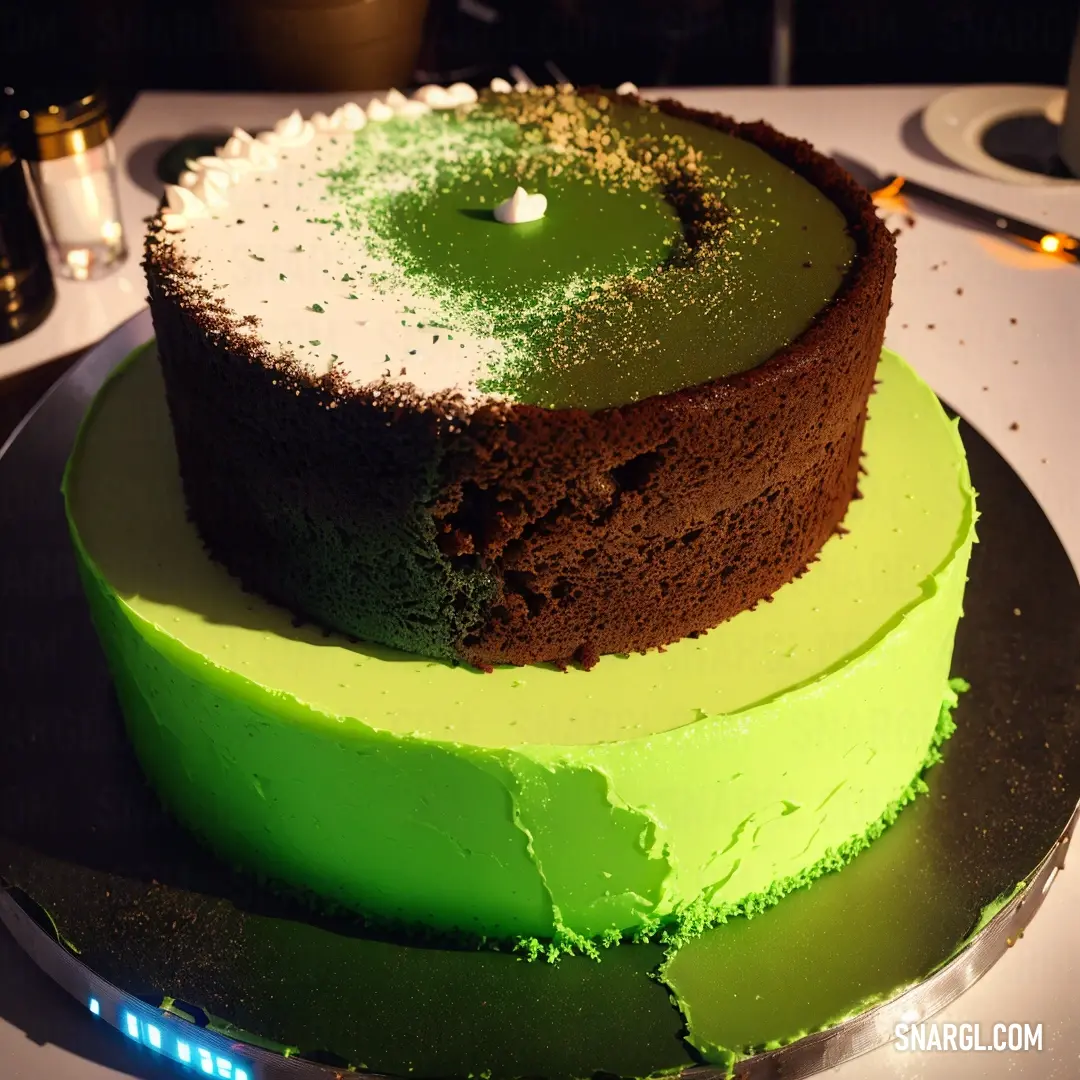 Cake with green frosting and a green apple on top of it on a plate on a table. Color Olive Drab.