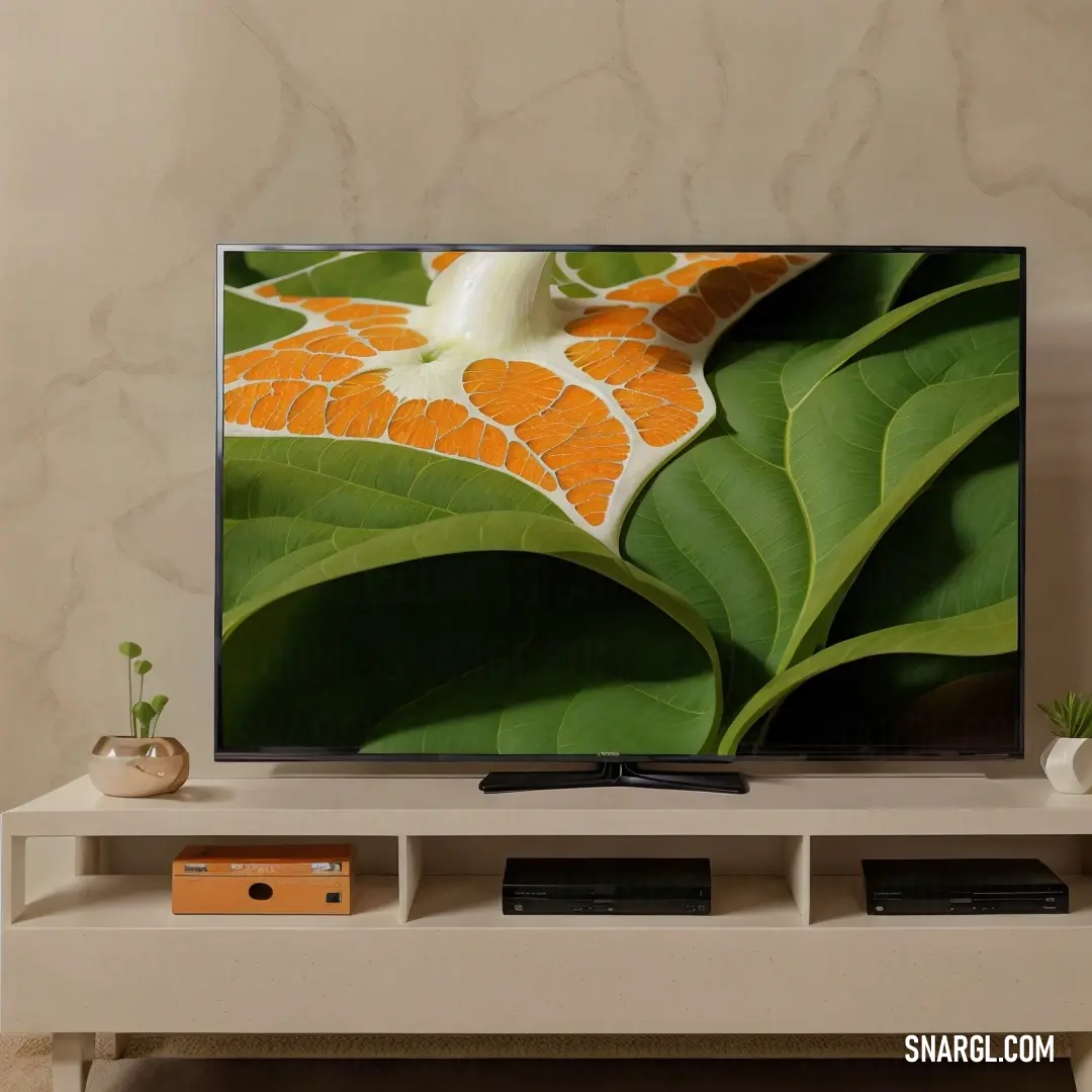 Flat screen tv on top of a white table next to a plant and a vase of flowers. Color Olive Drab.