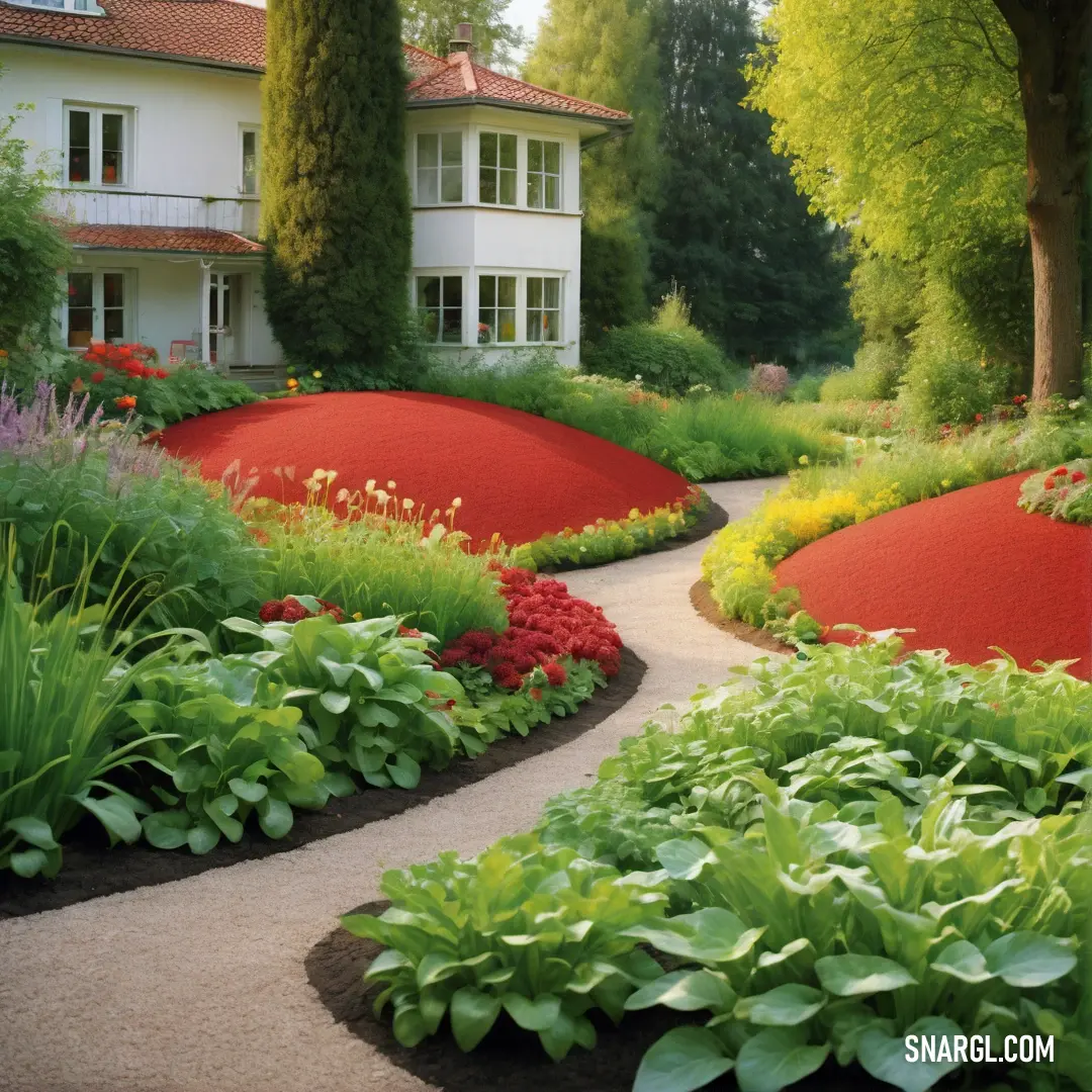 Garden with a red umbrella in the middle of it. Example of CMYK 25,0,75,44 color.