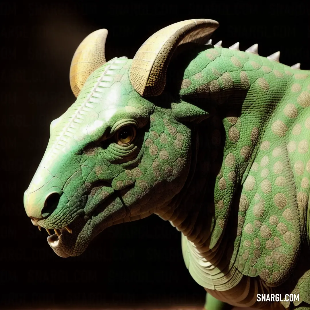 Green and white dragon statue with horns and horns on it's head, with a black background. Example of Olive Drab color.