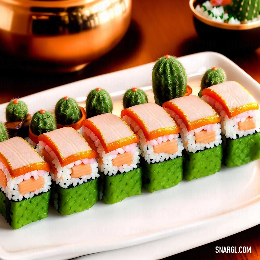 Plate of sushi with cacti and sushi sauce on it and a pot of cacti in the background. Color Olive Drab.