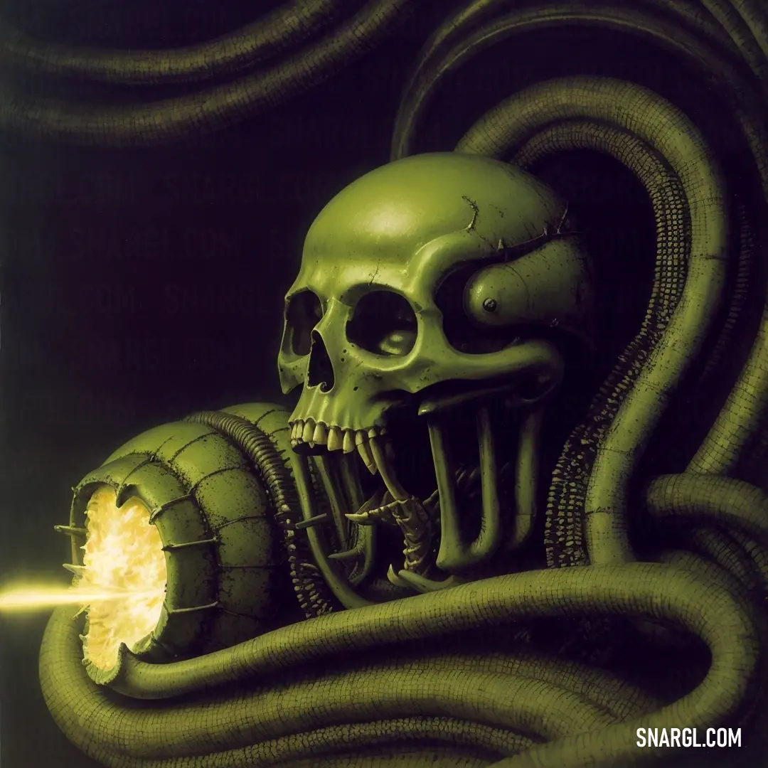 Skull with a light in its mouth and a snake wrapped around it's neck. Color #6B8E23.