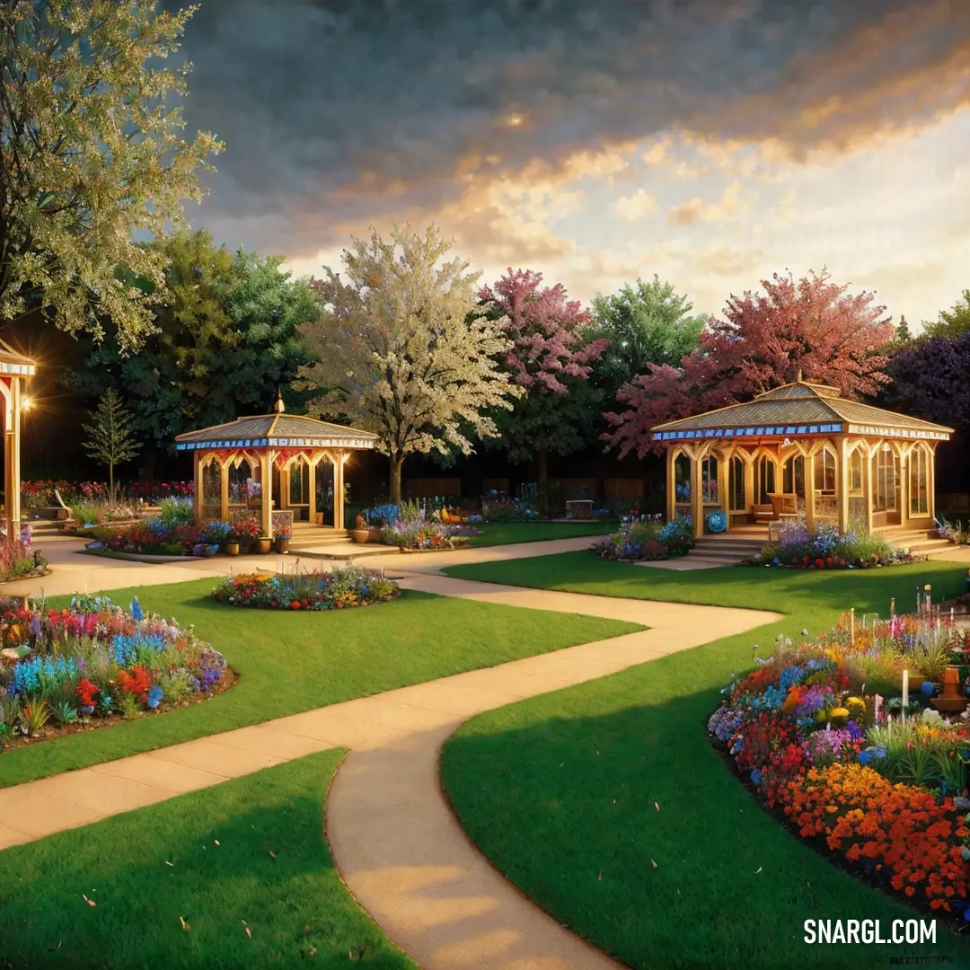 Painting of a garden with a gazebo and flowers in the foreground and a path leading to a gazebo