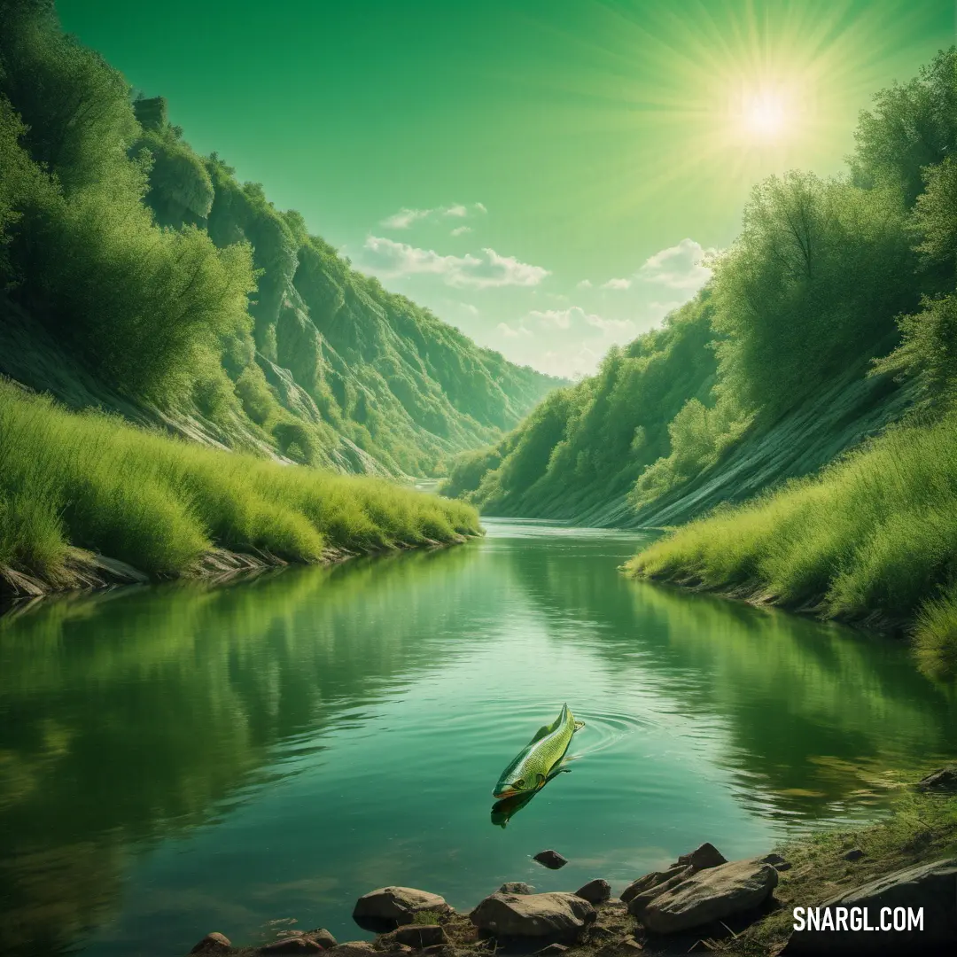 Painting of a river with a green landscape and a green sky with a sun shining over the mountains