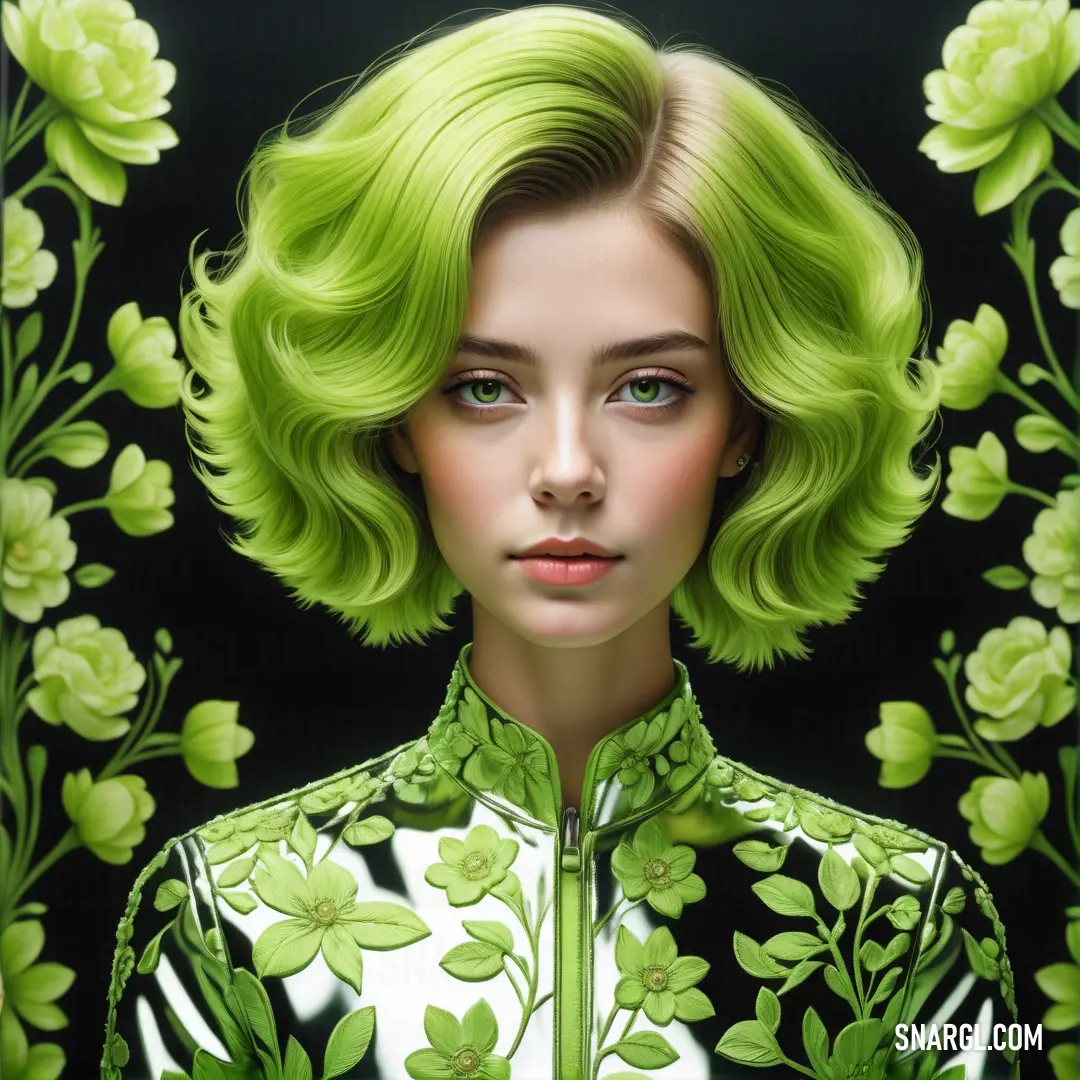 Painting of a woman with green hair and flowers on her shirt