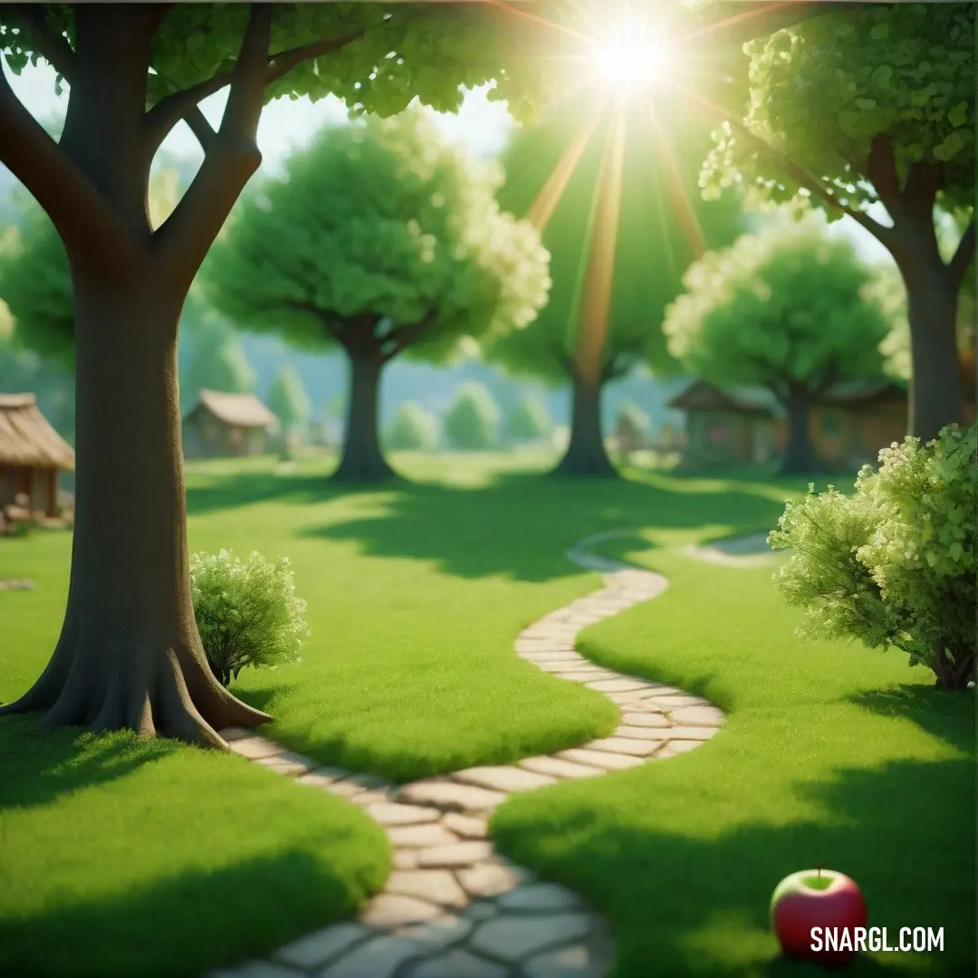 Path through a lush green park with trees and a red apple on the ground in the foreground. Example of #6B8E23 color.