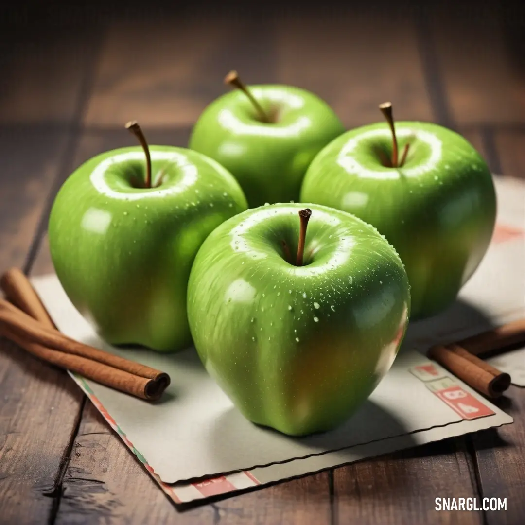 Olive Drab color example: Three green apples on top of a napkin next to cinnamon sticks and a cup of coffee on a wooden table