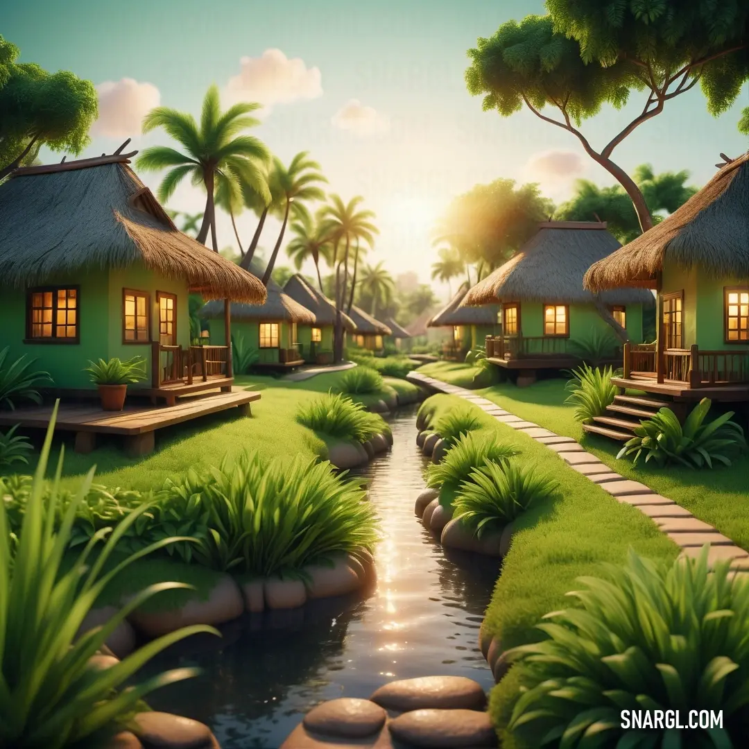Tropical resort with a stream and grass huts at sunset or sunrise or sunset. Color RGB 107,142,35.