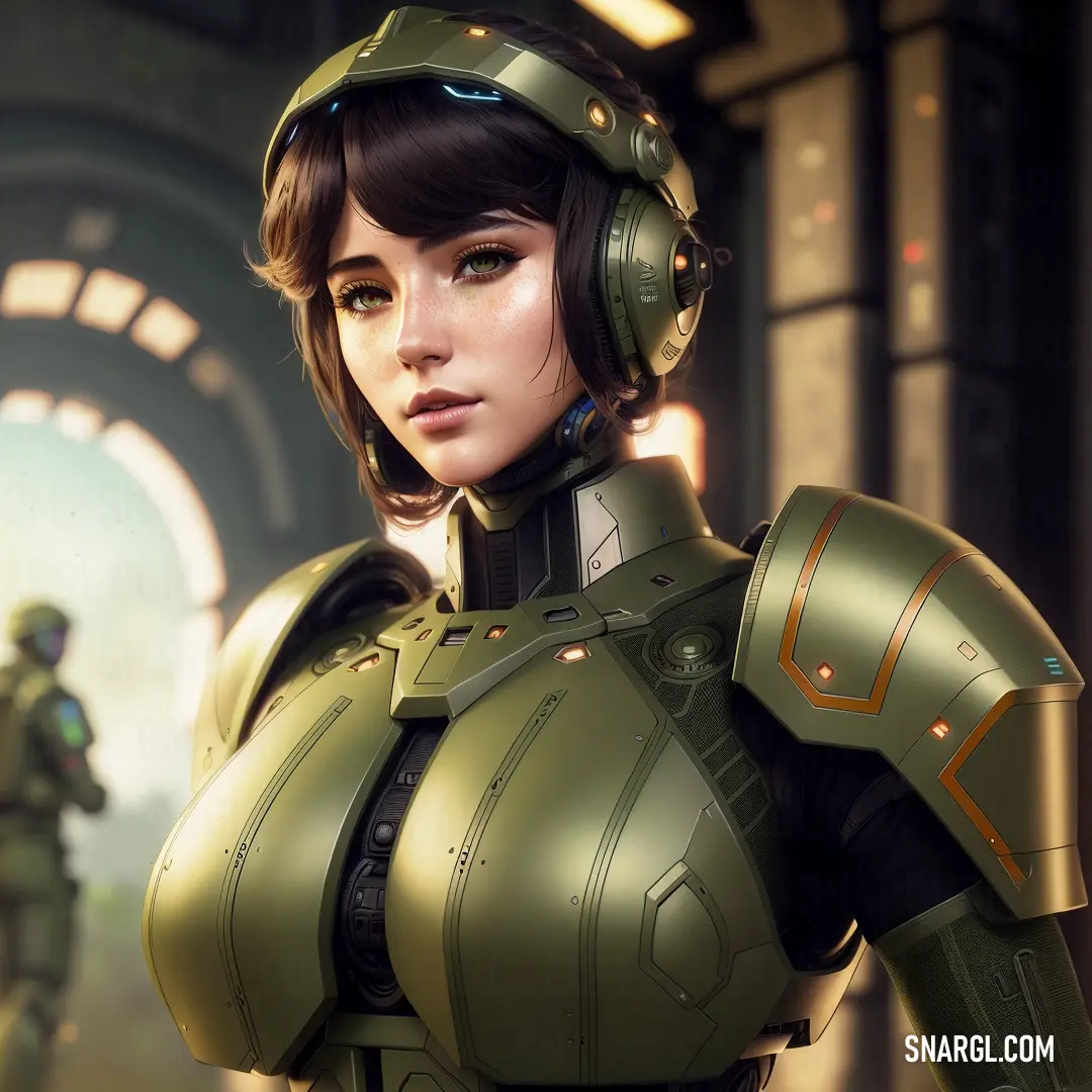 Woman in a futuristic suit with a helmet on her head and a soldier in the background in a sci - fi setting