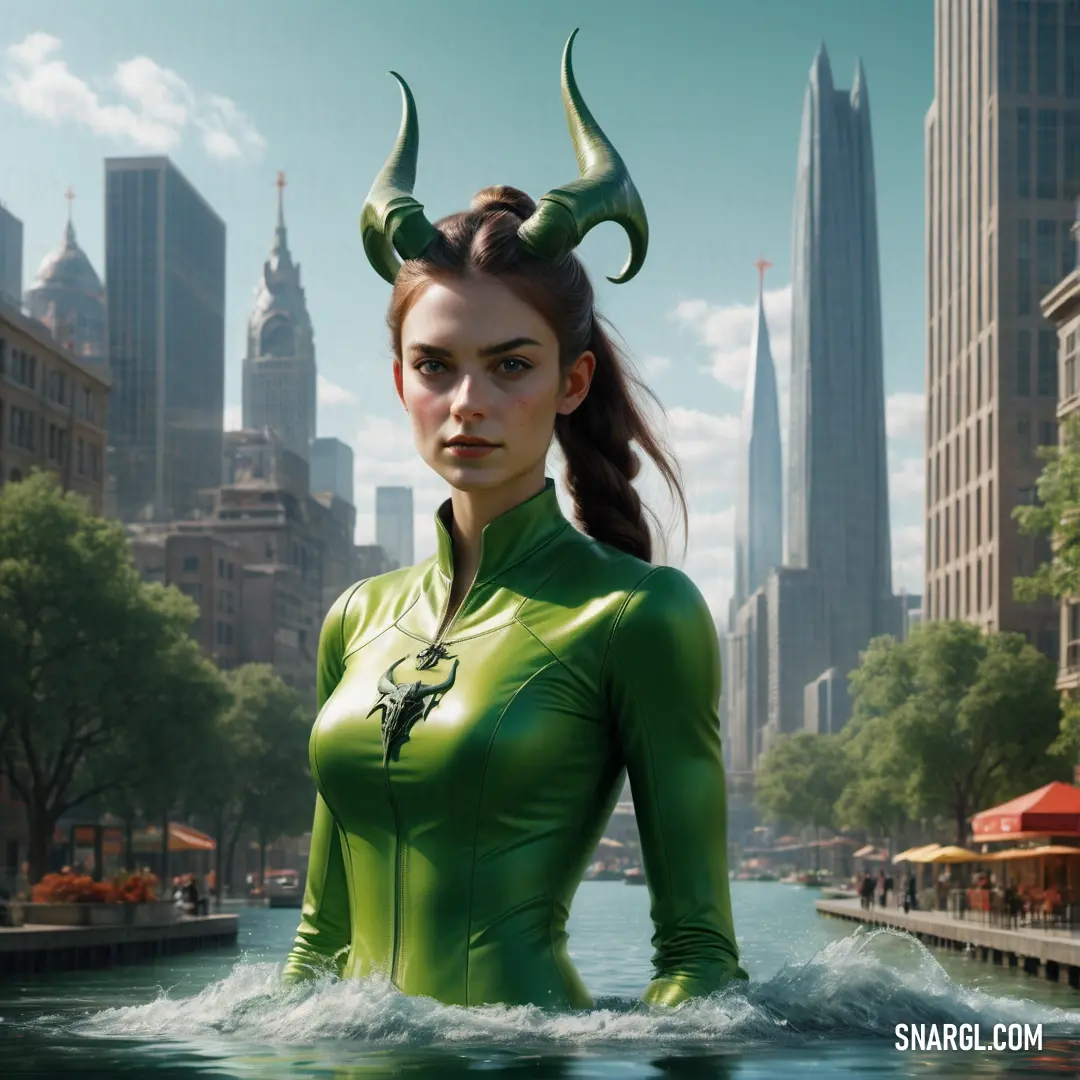 Woman in a green suit standing in the water with horns on her head and a city in the background. Color Olive Drab.