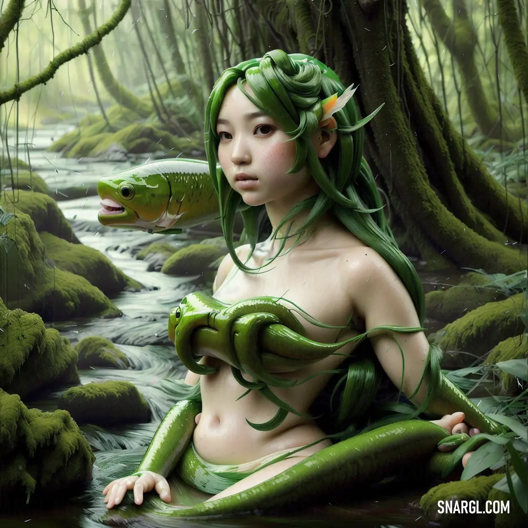 Woman with green hair and a snake in a forest with a stream and trees in the background. Color CMYK 25,0,75,44.