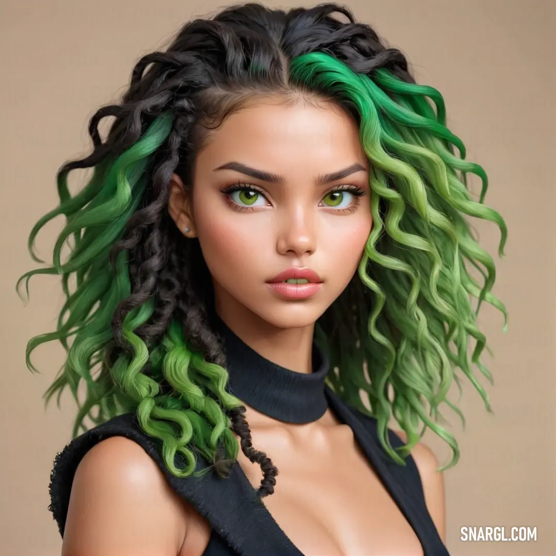 Woman with green hair and a black top is posing for a picture with green hair